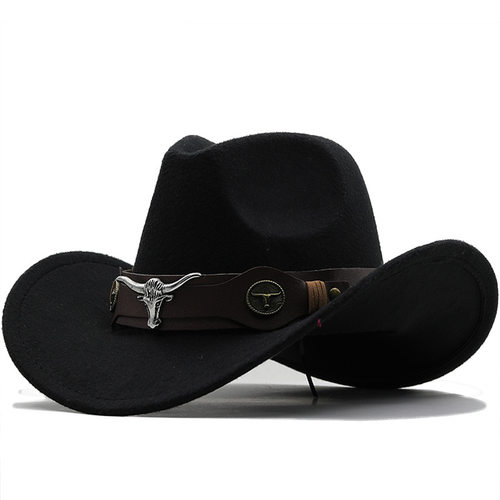 New Wome Men Black Wool Chapeu Western Cowboy Hat跨境代1