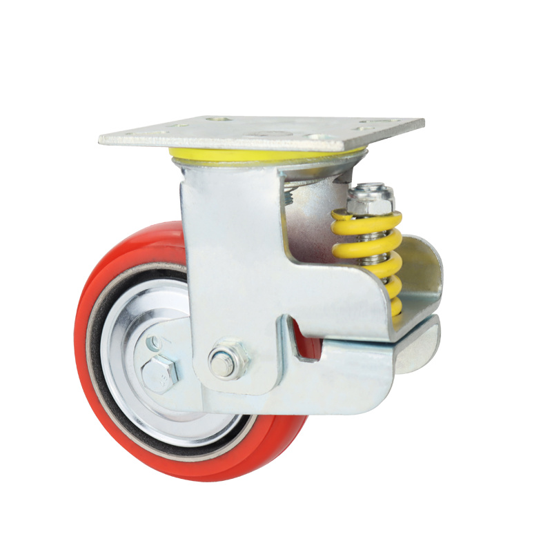 弹簧减震脚轮4寸5寸6寸8寸铁芯PU轮红色聚氨酯万向轮避震牵引轮子