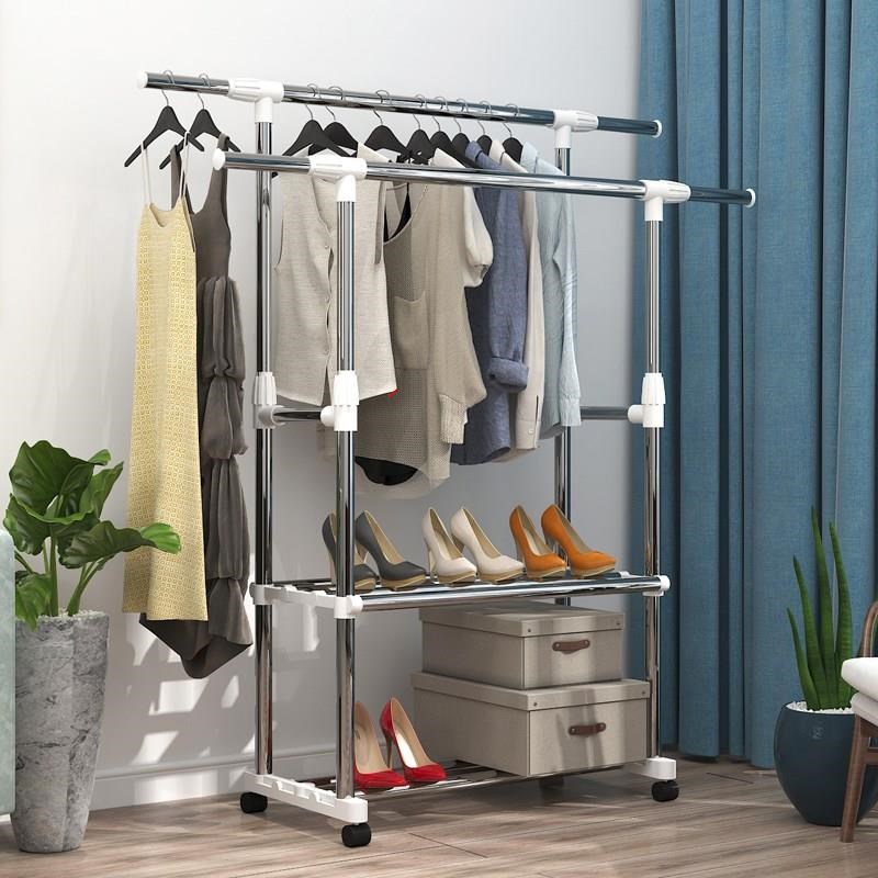 衣架落地加厚单杆式家用室内卧室房间伸缩凉挂晒架加粗加大折叠晾