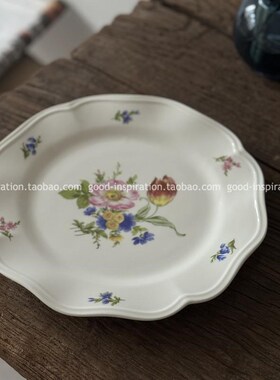中古风浪漫花卉陶瓷盘子 甜品点心餐盘餐厅家用法式复古西餐彩绘