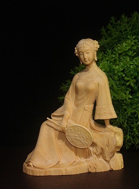 厂家直销黄杨木雕美女摆件 轻罗小扇佳人家居装饰摆件礼品