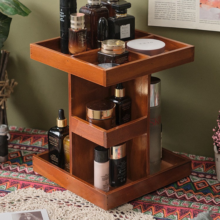 桌面梳妆台护肤品口红整理桌上置物架分层可旋转木质化妆品收纳
