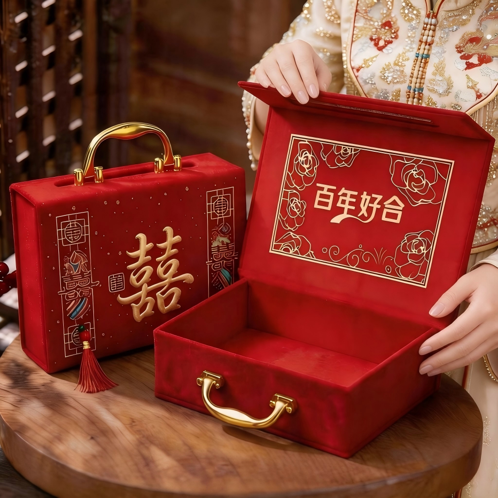 结婚喜糖盒中式传统婚礼订婚回礼盒手提式高档绒面囍字礼盒伴手礼