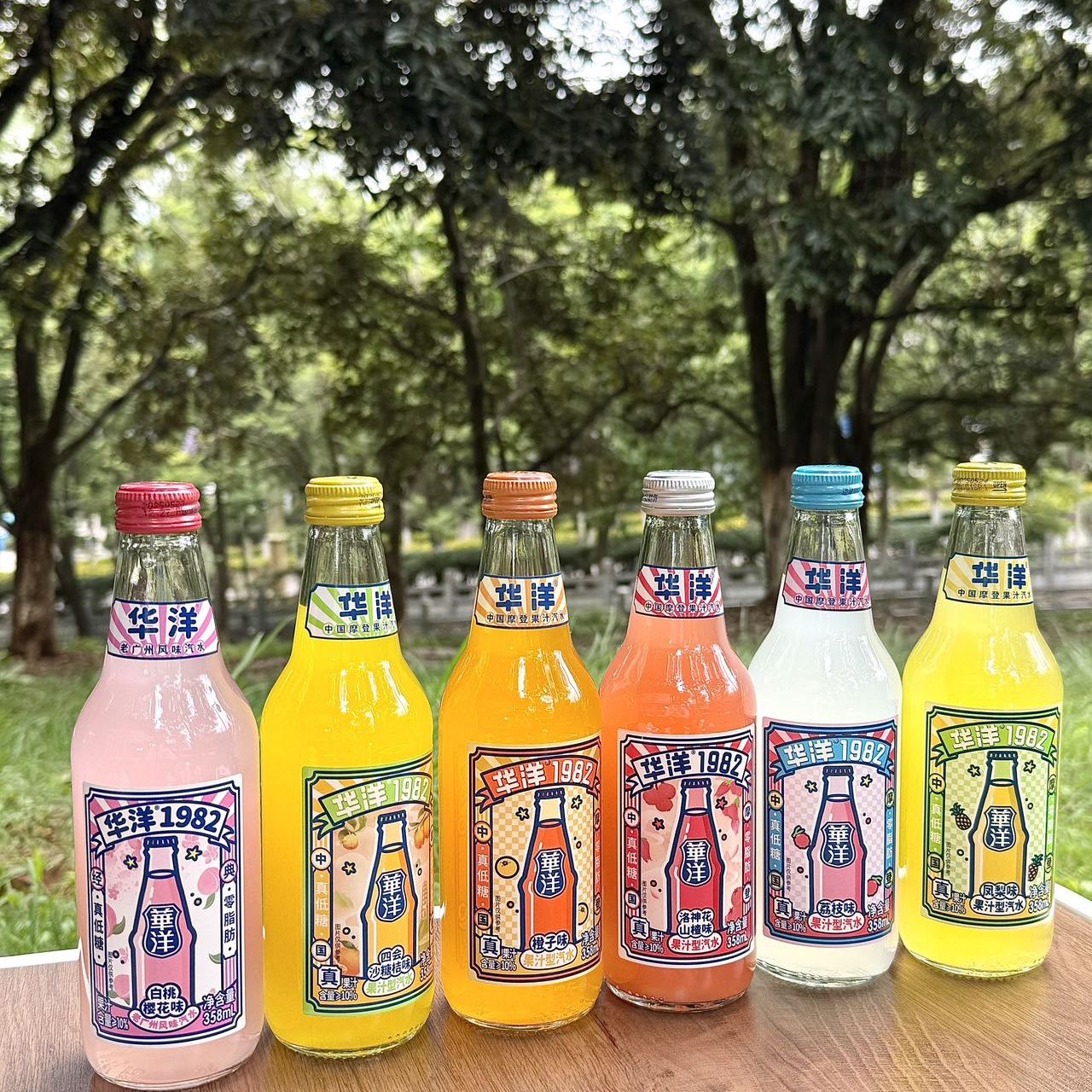 华洋1982果汁汽水358ml*6瓶碳酸饮料真低糖0脂肪玻璃瓶整箱网红装