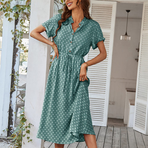 Women Fashion Polka Dot Dress 2022 Girl Shirt Collar Dirt