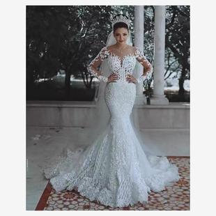 Long Mermaid Sleeve Appliques Gowns Wedding Bridal Dress