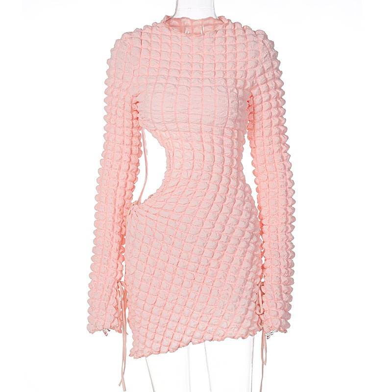 thumbnail for European and American fashion classic women's temperament, round neck, long sleeve, hollow hip dress, irregular hot girl skirt, pink