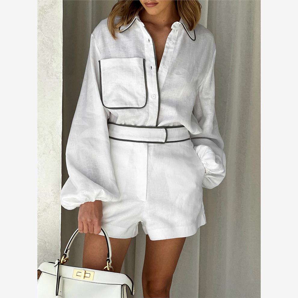 Shorts set欧美新款夏季时尚女棉麻白色小立领长袖短裤套装两件套