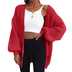 2020 Women solid color loose cardigan sweater and long