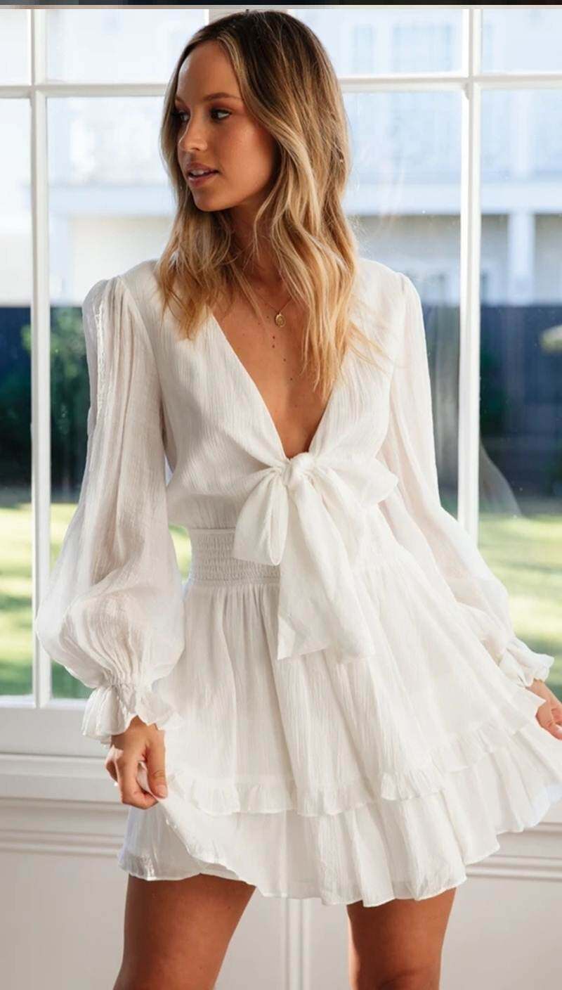 white women summer dress长袖V领打结A字裙单件白色连衣裙女夏