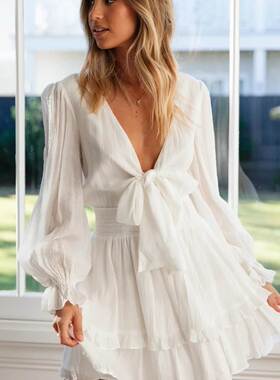 white women summer dress长袖V领打结A字裙单件白色连衣裙女夏