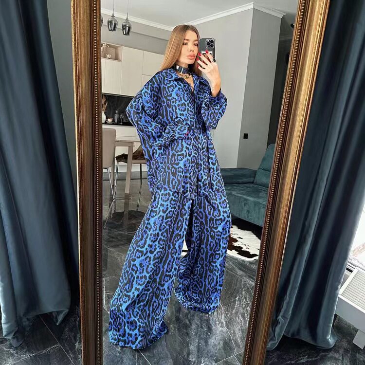 欧美风豹纹印花宽松上衣裤子套装Printed leopard top pants suit
