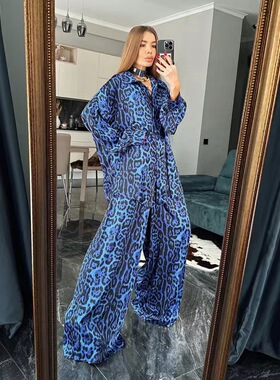 欧美风豹纹印花宽松上衣裤子套装Printed leopard top pants suit