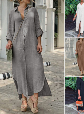 Button up dress新款夏季欧美女装休闲棉麻衬衫领钮扣连衣长裙