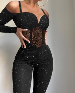 欧美女装 lace Jumpsuit 镂空V领连体裤 shoulder Off contrast