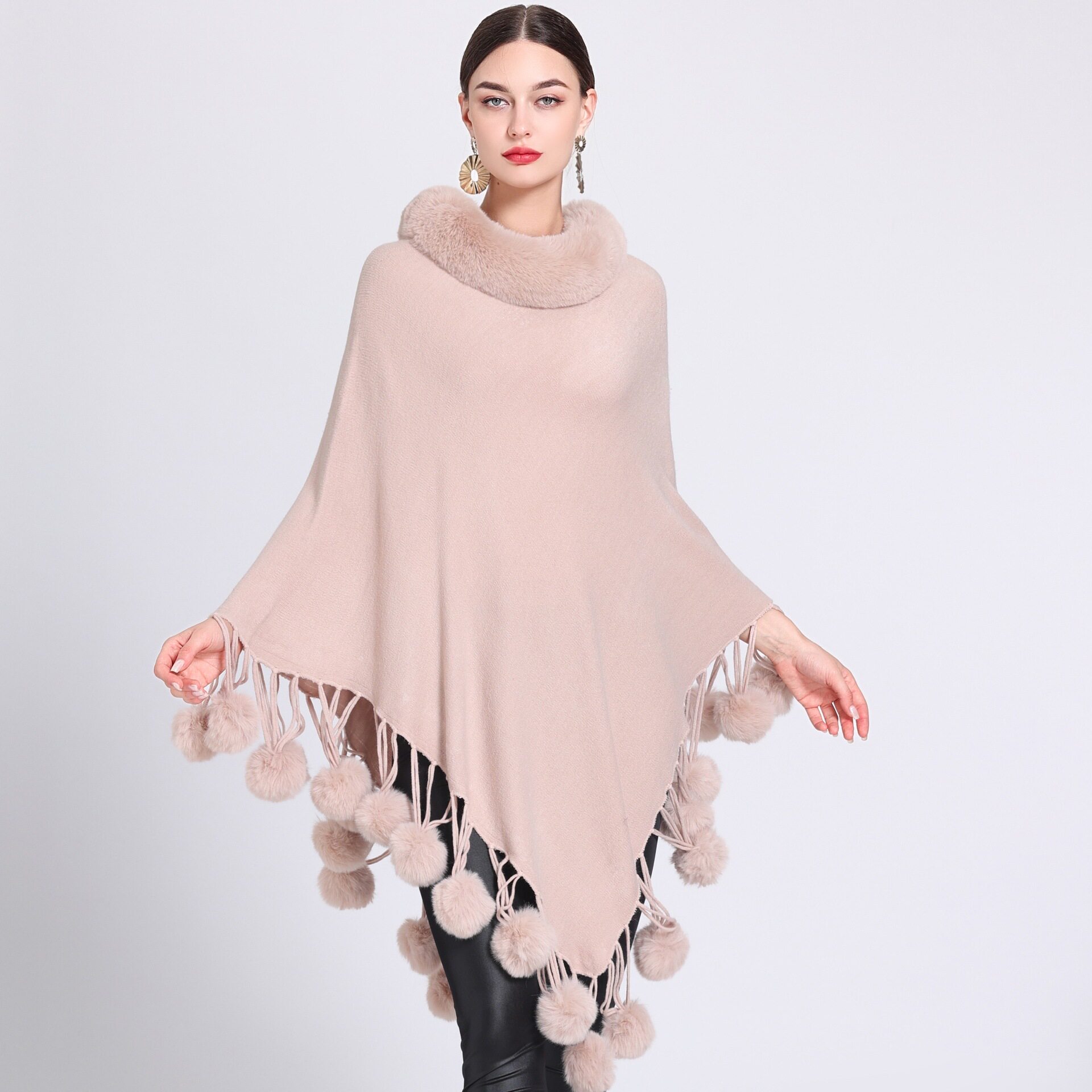 Knitted shawl jacket秋冬新款仿獭兔毛领斗篷兔毛球套头披肩外套
