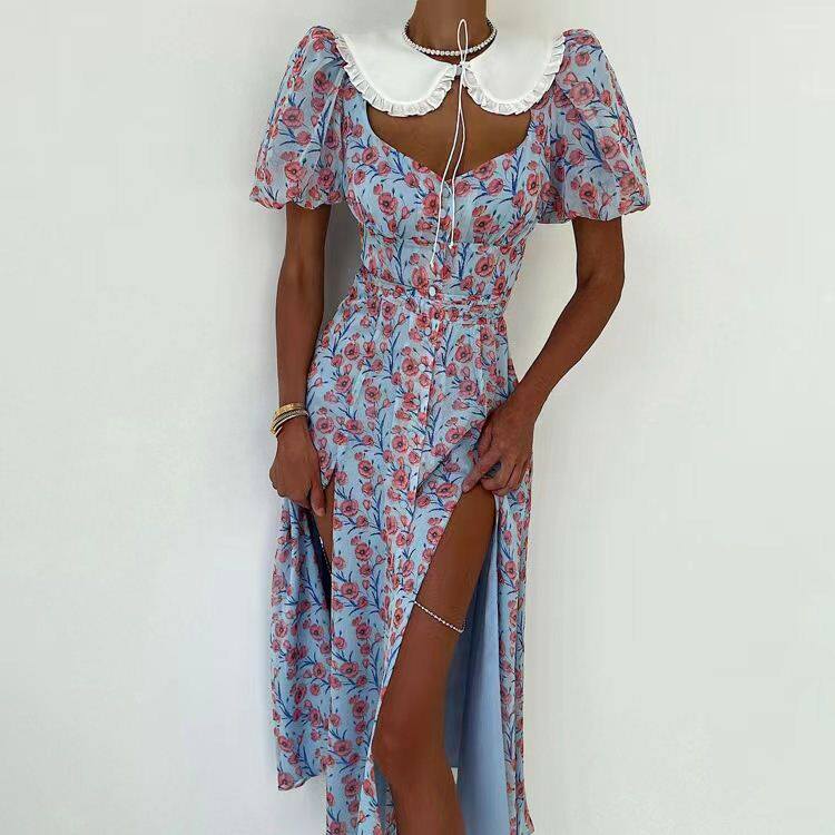 欧美性感镂空印花娃娃领短袖开叉连衣裙 Printed doll neck dress