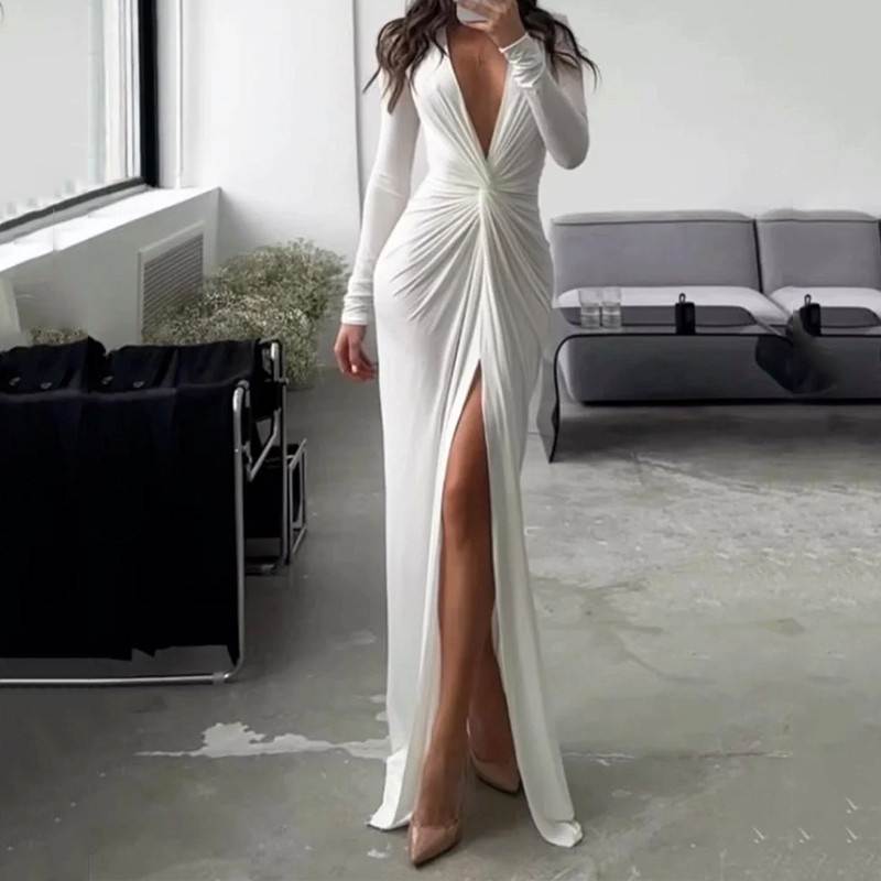 夏季时尚性感V领长袖百褶裙礼服连衣裙Sexy V-neck Summer Dress