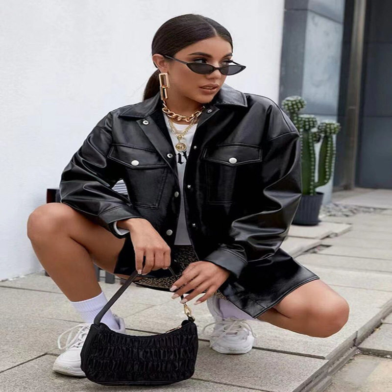 PU fashion top秋季欧美翻领仿皮革PU宽松型个性街头潮流长袖皮衣