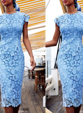 2022 new female slim fashion dress圆领无袖蕾丝蓝色铅笔连衣裙