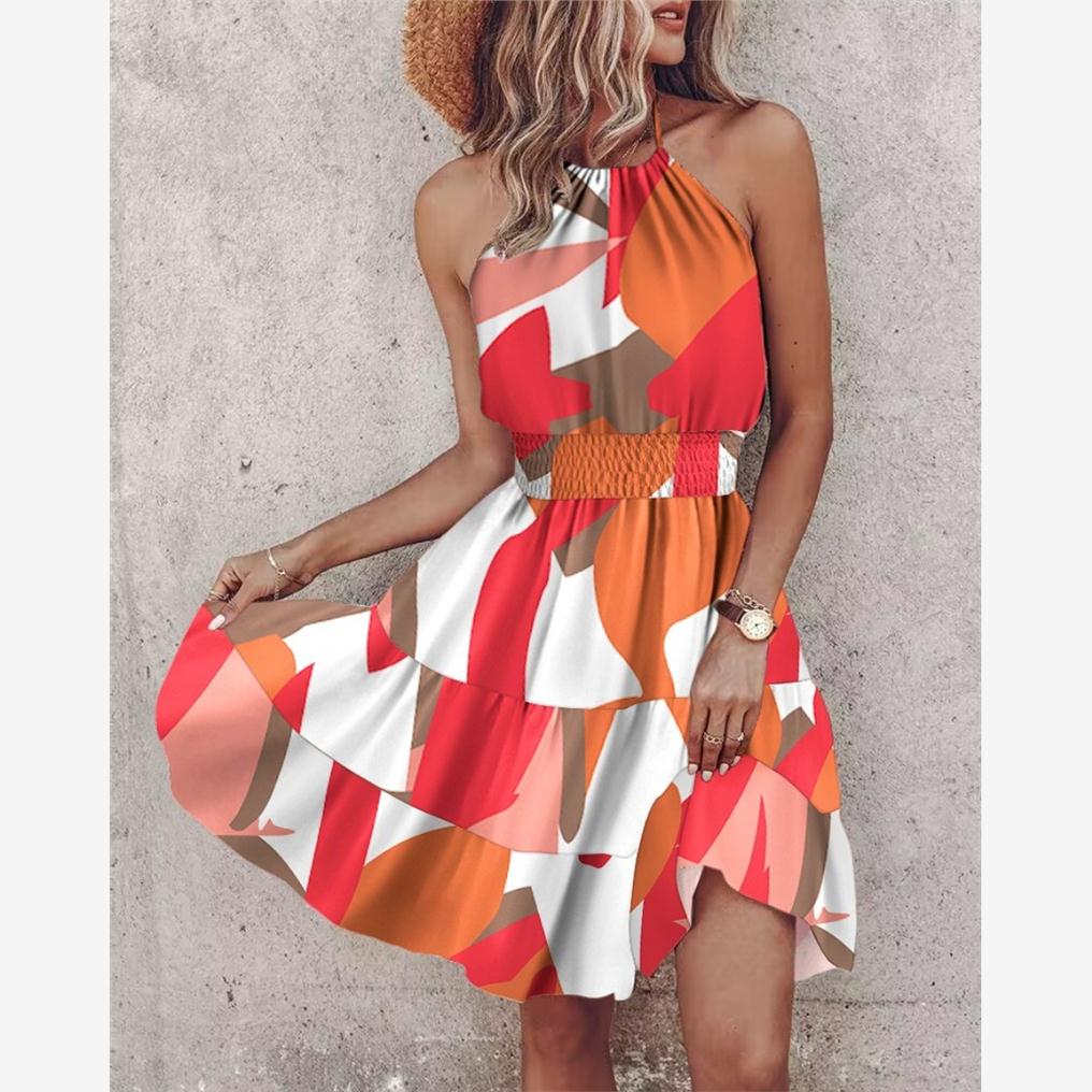 Hanging neck dress2024夏季欧美女装时尚性感露肩挂脖收腰连衣裙