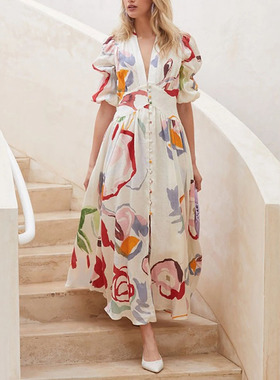 2021Women's newfashion chiffon print dress白色大摆沙滩连衣裙