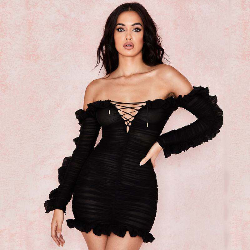 black dress网纱荷叶边长袖深V镂空系带连衣裙修身性感礼服小黑裙