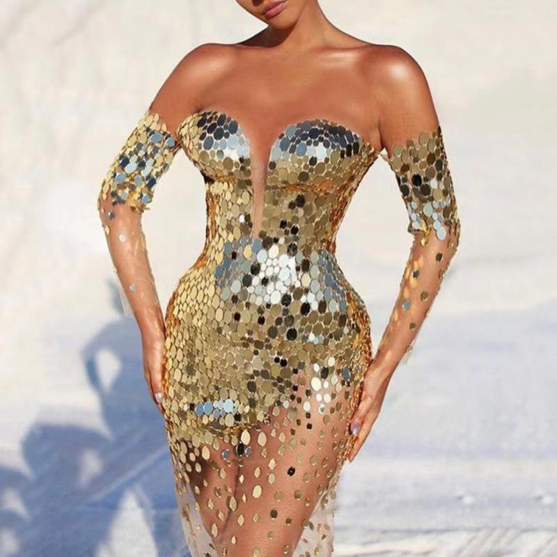 2024new women's sexy silver dress dress时尚性感长袖欧根纱裙