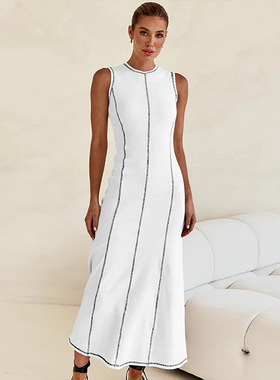 Lined waistband dress欧美女装新款气质线条撞色收腰无袖连衣裙