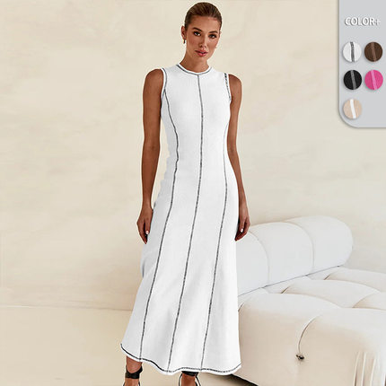 Lined waistband dress欧美女装新款气质线条撞色收腰无袖连衣裙