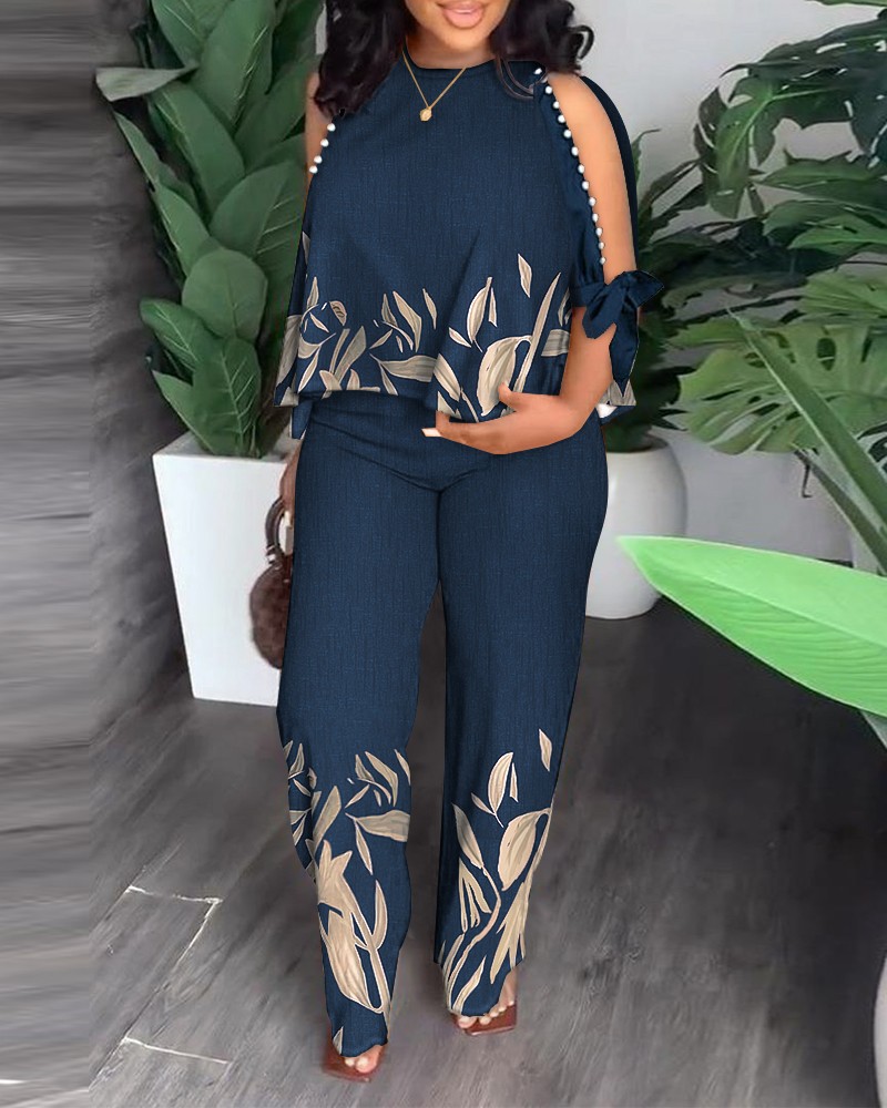 Plus Size Plants Print Top & Straight Leg Pants上衣裤子
