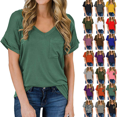 Women 2022 v-neck pocket t-shirt curled short sleeve T-shirt