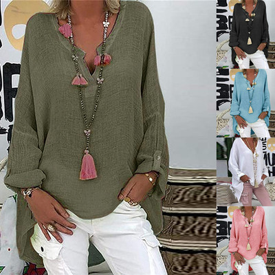 Women's clothing Solid color V-neck cotton and linen blouse