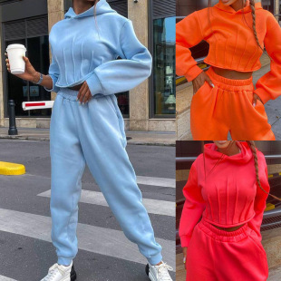 Casual Fashion Two Piece Set秋纯色女士后背绑带连帽卫衣两件套