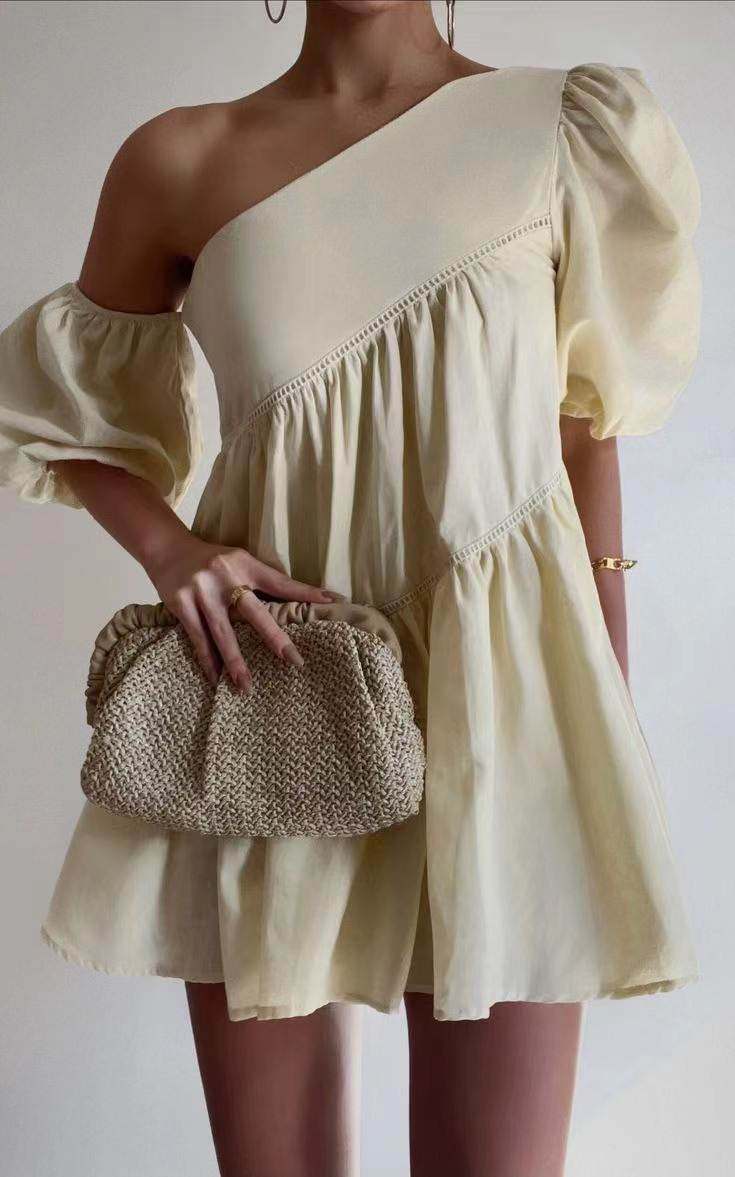 Women Casual Puff Sleeve Dress欧美风甜美可爱泡泡袖露肩连衣裙