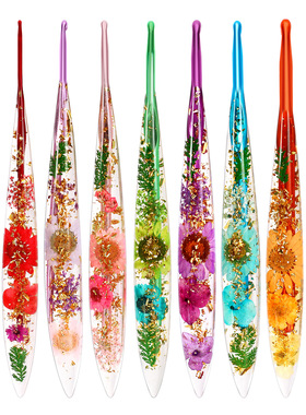 亚马逊水晶滴胶碎花加长钩针 手工毛线编织工具 实心金属单头勾针