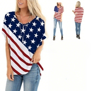 夏季新款美国国旗米字独立日圆领宽松T恤女装上衣