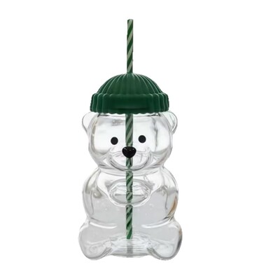 圣诞礼物北美限量绿色带盖小熊杯Bear Glass Straw Cup玻璃杯