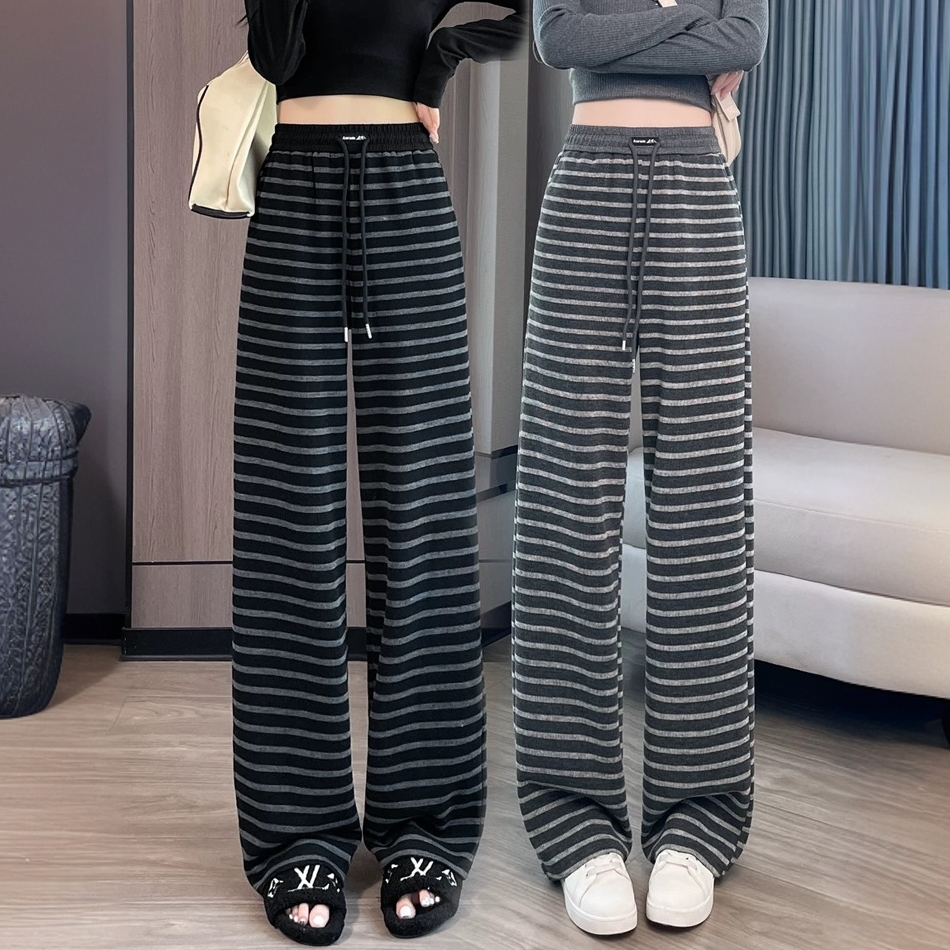 复古针织流行条纹窄版阔腿裤女