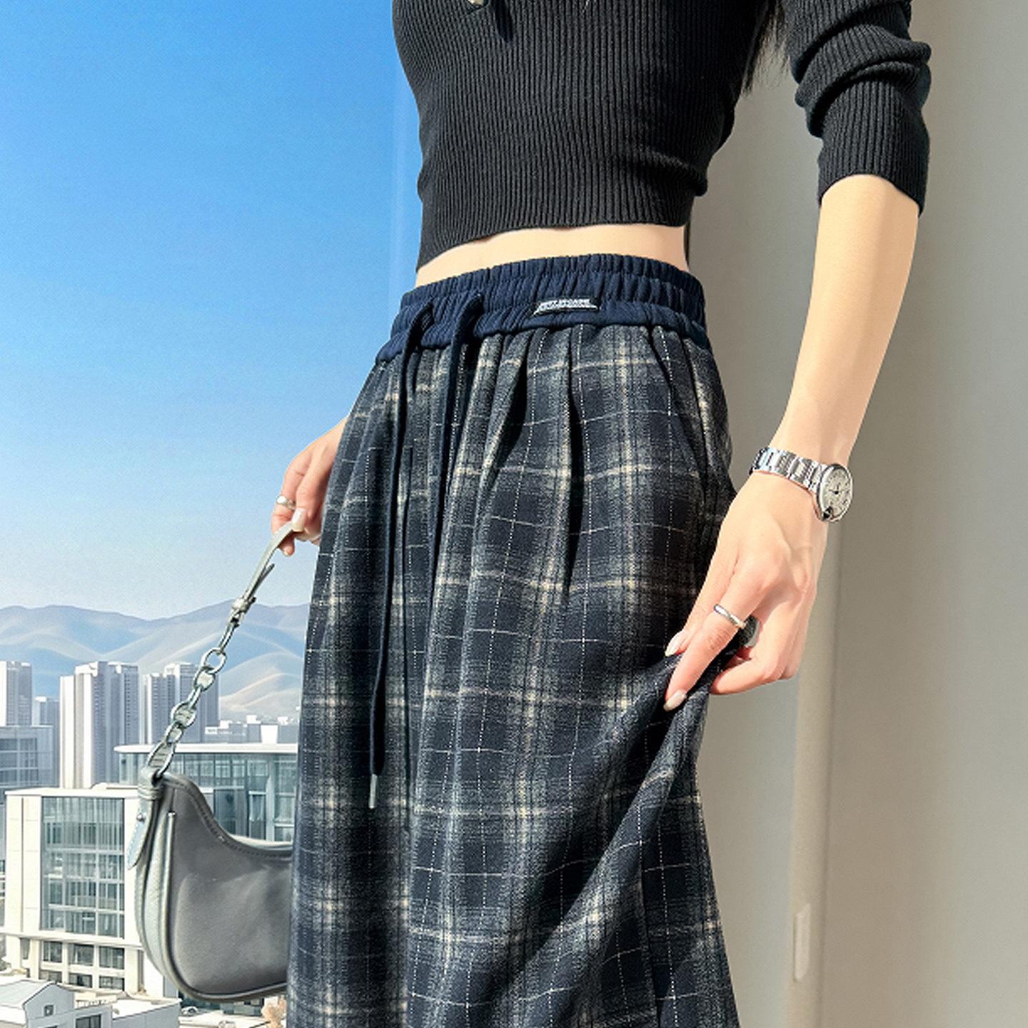 复古流行窄版阔腿裤女春秋冬季直筒垂感卫裤高腰显瘦运动格子九分