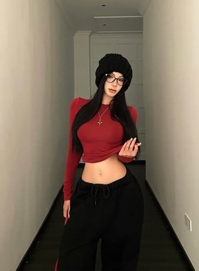 牛牛 红色弹力磨毛短款ins美式长袖百搭上衣N24T3593