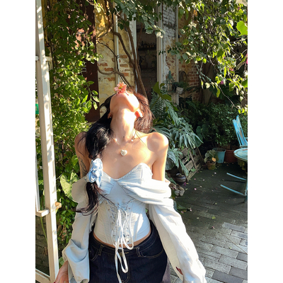 牛了牛了 两穿法辣妹长袖上衣女2025夏季设计感V领露背鱼骨女装