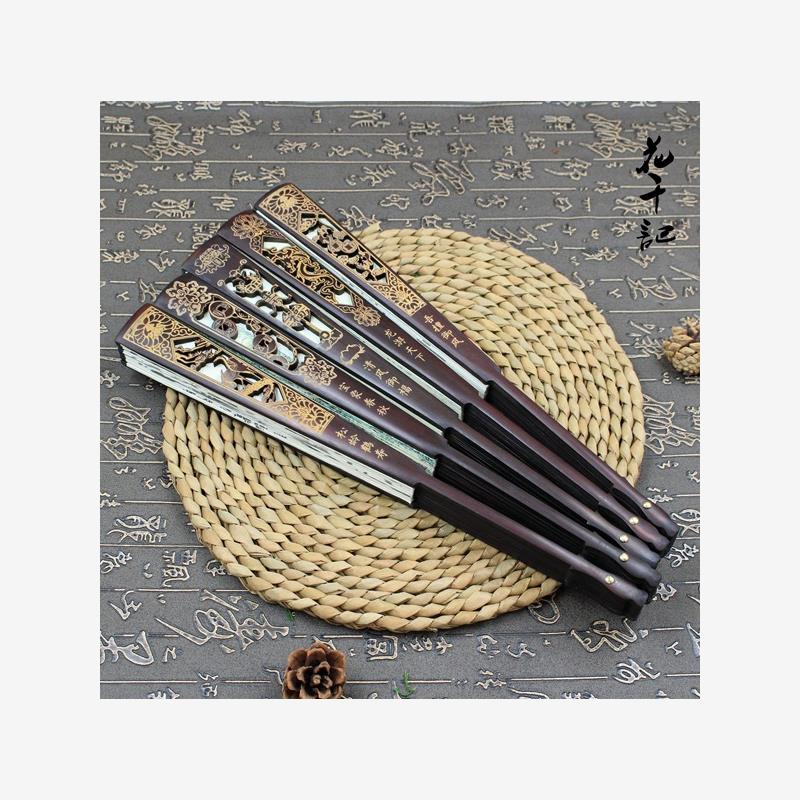 骨扇瓷爹同款雕刻绢扇镂空一尺头青绢布折扇深雕男士高档折雕刻厂