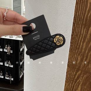 韩国发饰头饰边夹饰品气质ins风刘海夹掰掰夹黑色pu皮花朵发夹