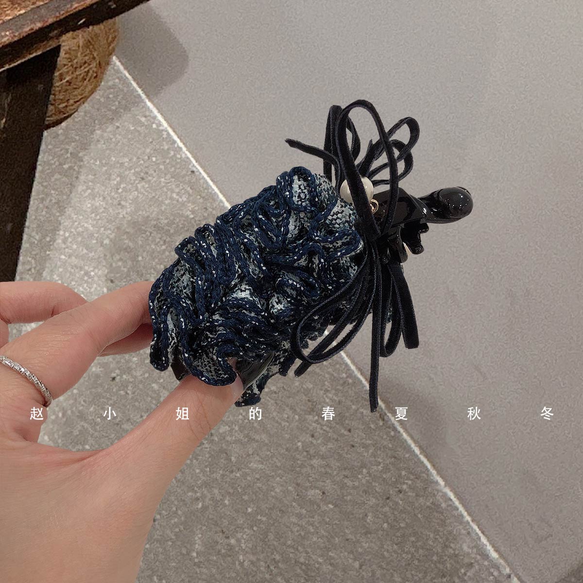 韩国发饰头饰ins风高雅法式扭扭夹丝绒蝴蝶结气质蓝色褶皱发夹