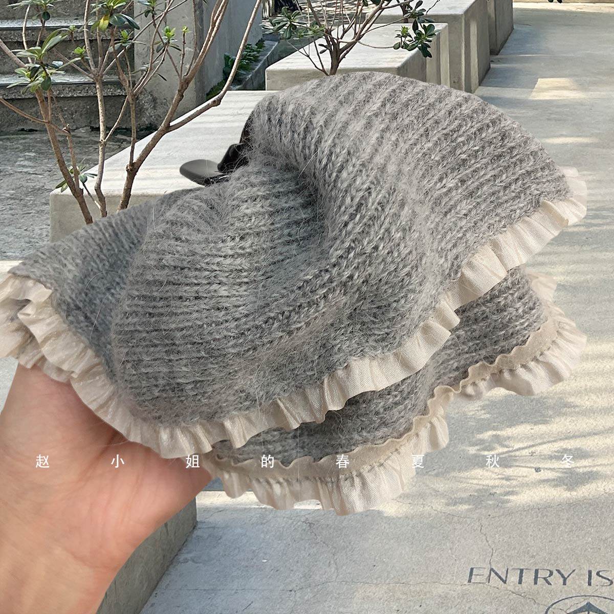 韩系灰色毛线蝴蝶结抓夹温柔木耳边秋冬高颅顶大号鲨鱼夹盘发夹子