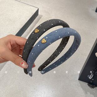 韩国头饰新款法式复古洋气头箍气质百搭波点爱心金标蓝灰色发箍