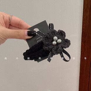 韩国发饰小众设计头饰刘海夹高级感掰掰夹气质黑色毛线花朵发夹