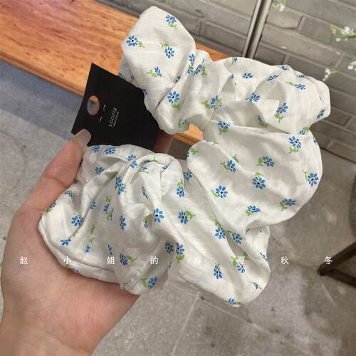 韩系蓝色碎花大肠发圈小众发饰头饰饰品少女可爱甜美发绳软糯头圈