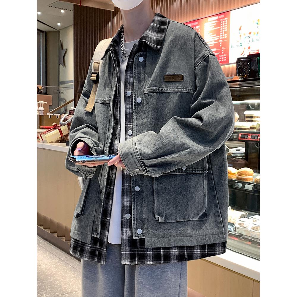 假两件拼接牛仔外套男春秋款